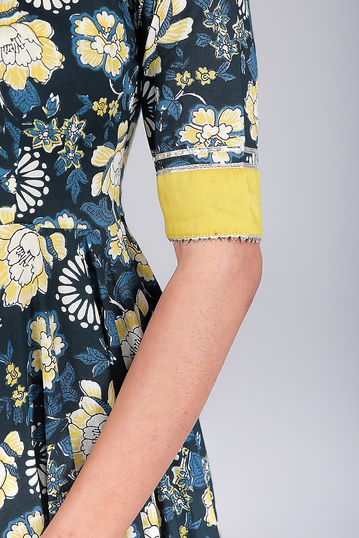 Black & Yellow Cotton Printed & Gota Patti Work Anarkali Set by Pomcha Jaipur at Pernia's Pop Up Shop