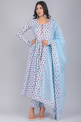 Powder Blue Cotton Printed Anarkali Set by Pomcha Jaipur