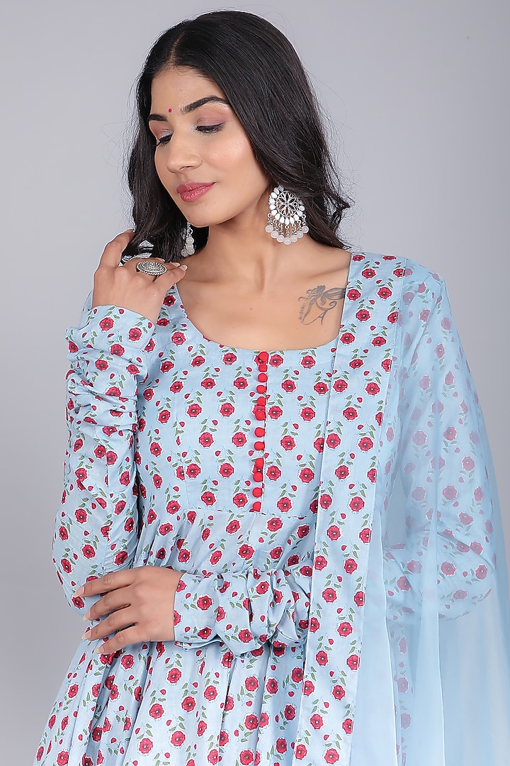Powder Blue Cotton Printed Anarkali Set by Pomcha Jaipur at Pernia's Pop Up Shop