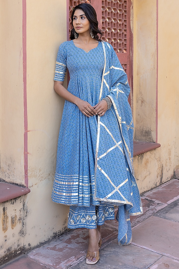 Blue Cotton Embroidered Anarkali Set by Pomcha Jaipur