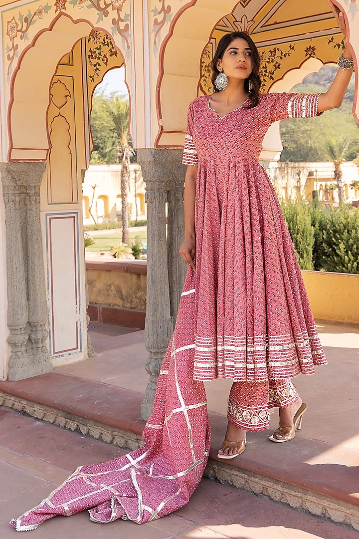 Rosewood Pink Cotton Printed & Gota Patti Work Anarkali Set by Pomcha Jaipur