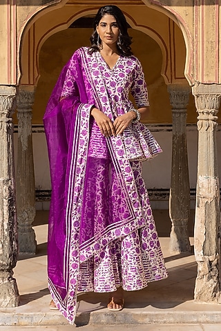 Purple Cotton Printed Sharara Set by Pomcha Jaipur