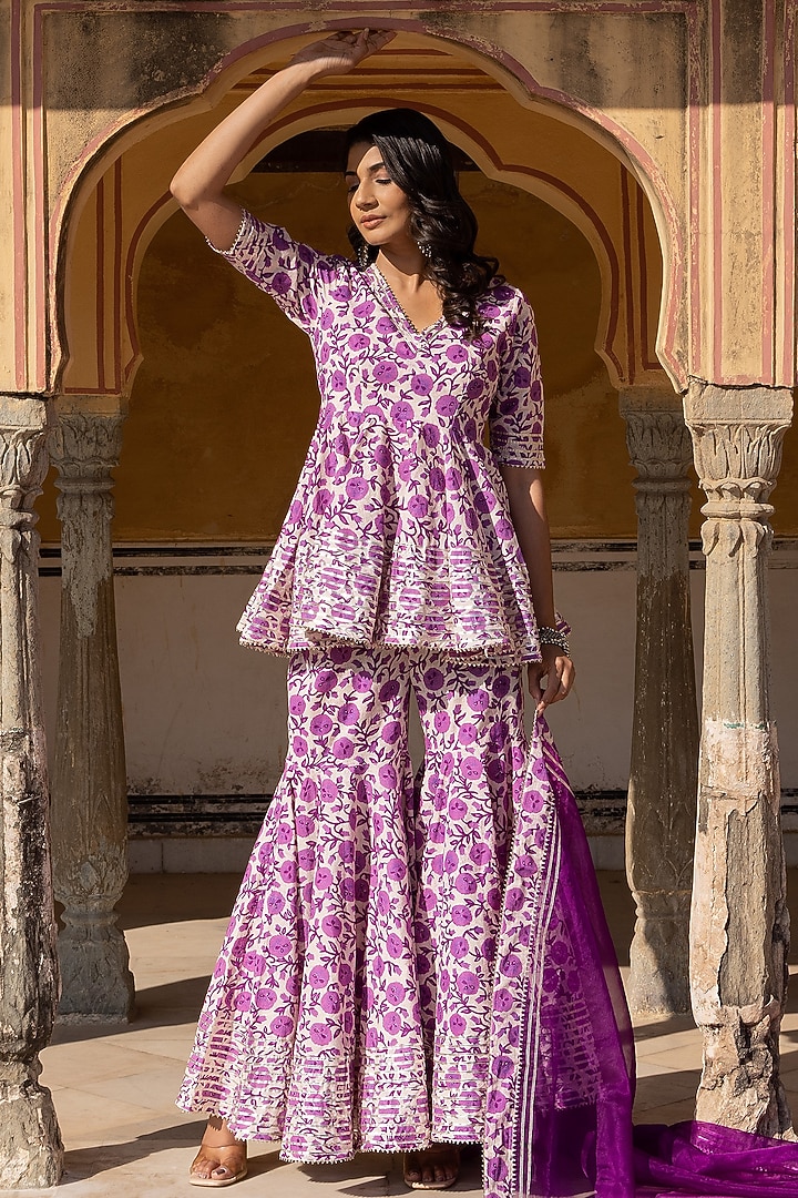 Purple Cotton Printed Sharara Set by Pomcha Jaipur at Pernia's Pop Up Shop