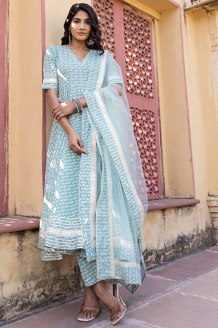 Aqua Green Cotton Printed & Embroidered Anarkali Set by Pomcha Jaipur