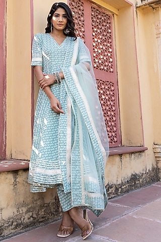 Aqua Green Cotton Printed & Gota Patti Work Anarkali Set by Pomcha Jaipur