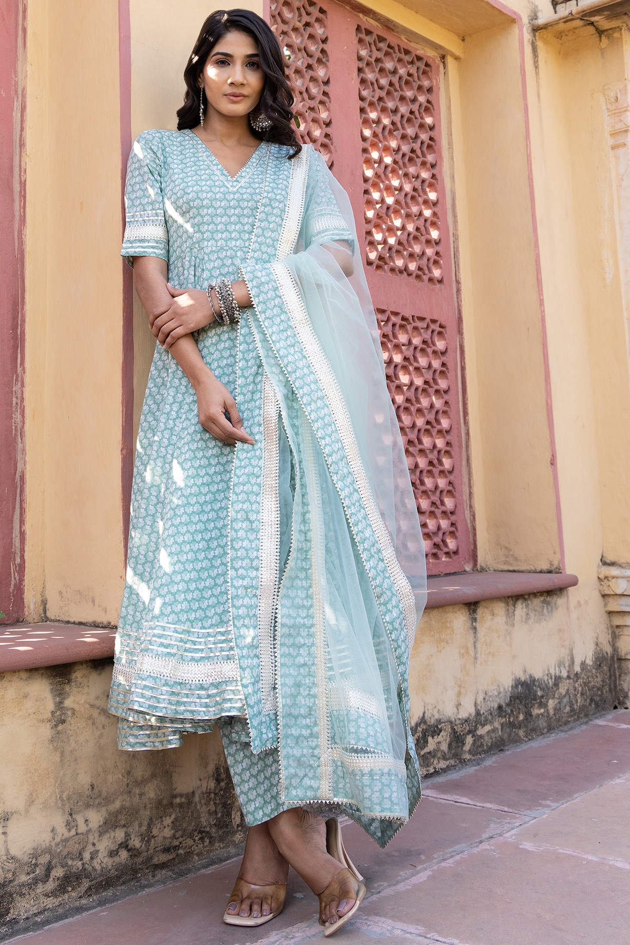 Pomcha Jaipur - Powder Blue Embroidered Designer Anarkali Set for Women at Pernia's Pop-Up Shop