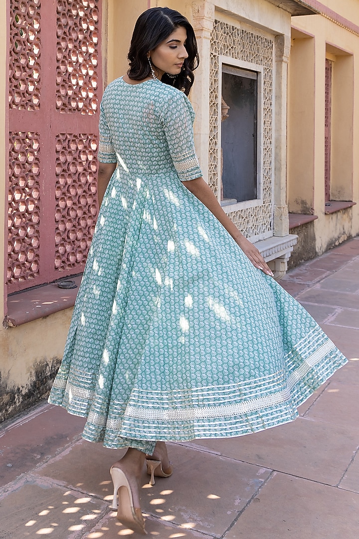 Aqua Green Cotton Printed & Gota Patti Work Anarkali Set by Pomcha Jaipur at Pernia's Pop Up Shop