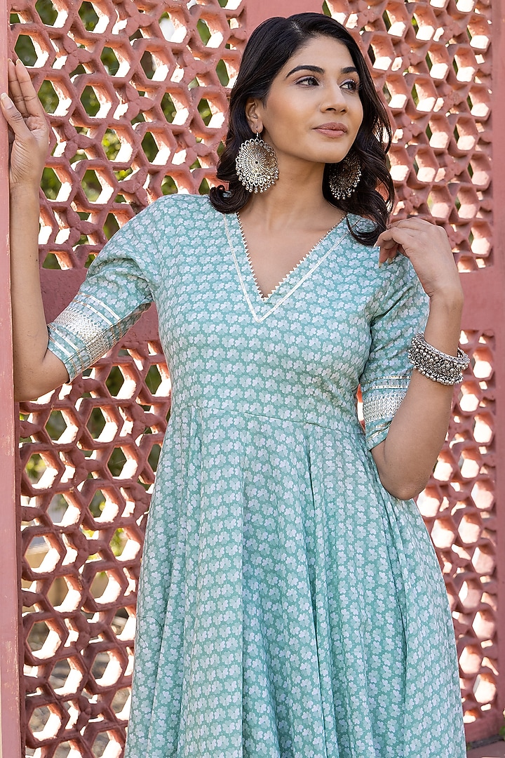 Aqua Green Cotton Printed & Gota Patti Work Anarkali Set by Pomcha Jaipur at Pernia's Pop Up Shop