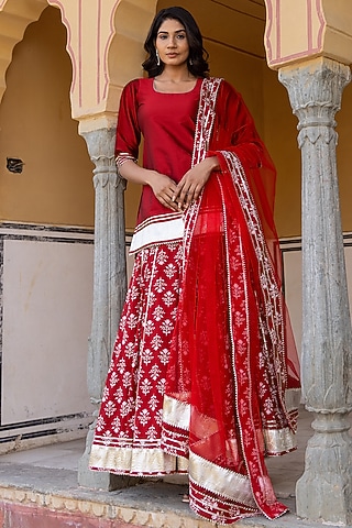 Red Cotton Printed & Gota Patti Work Skirt Set by Pomcha Jaipur