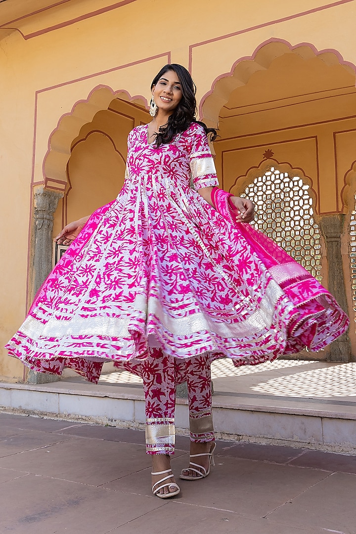 Pink Cotton Printed & Embroidered Anarkali Set by Pomcha Jaipur