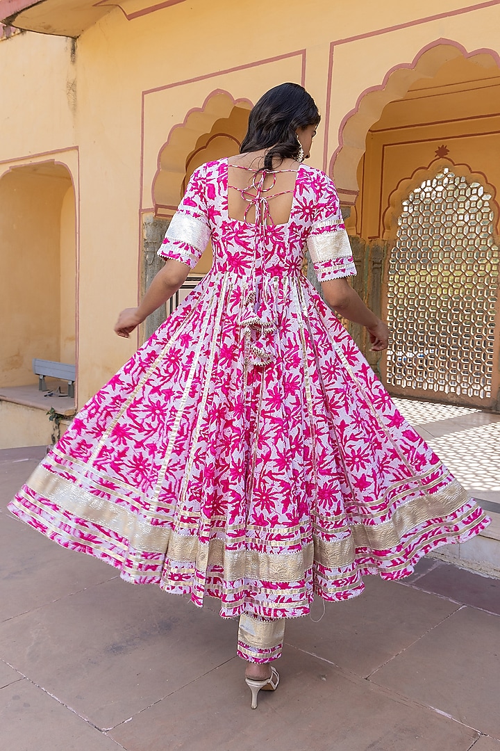 Pink Cotton Printed & Gota Patti Work Party Wear Anarkali Set by Pomcha Jaipur at Pernia's Pop Up Shop