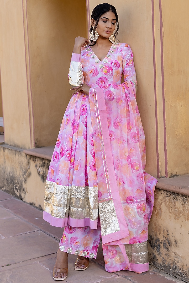 Pink Muslin Printed & Gota Patti Work Anarkali Set by Pomcha Jaipur