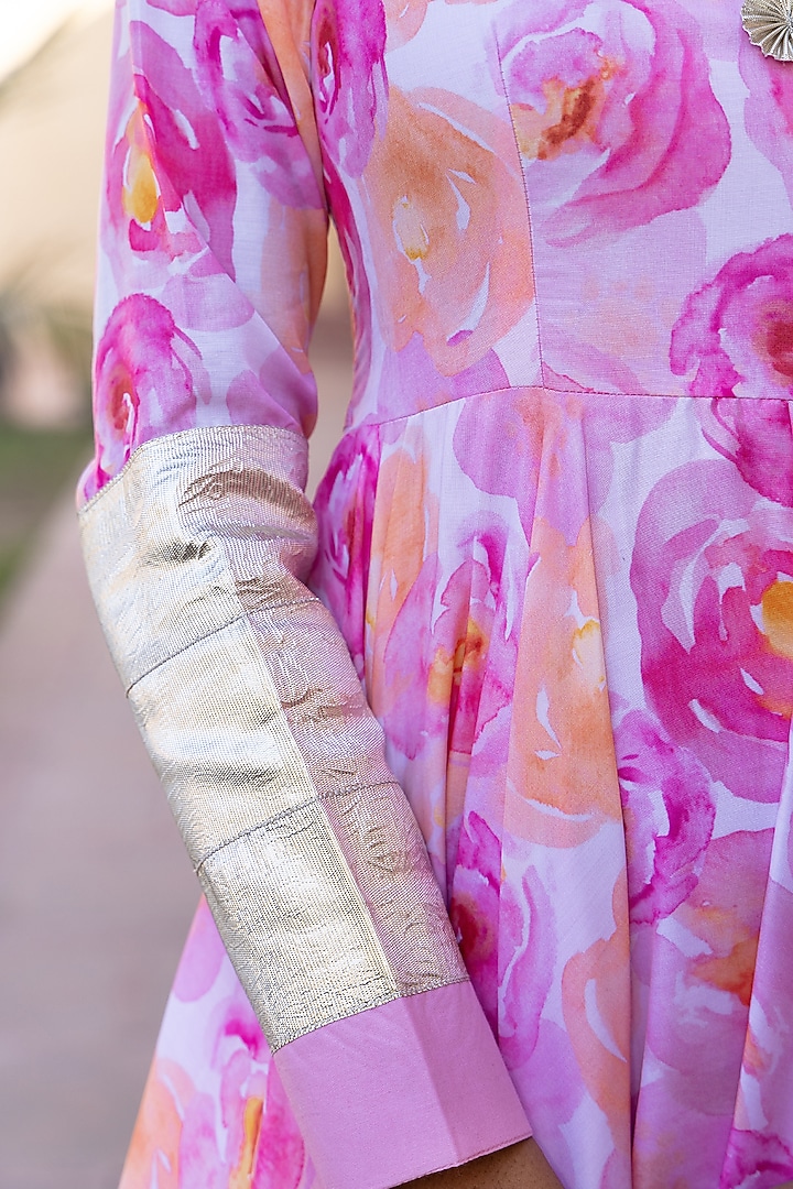 Pink Muslin Printed & Gota Patti Work Party Wear Anarkali Set by Pomcha Jaipur at Pernia's Pop Up Shop
