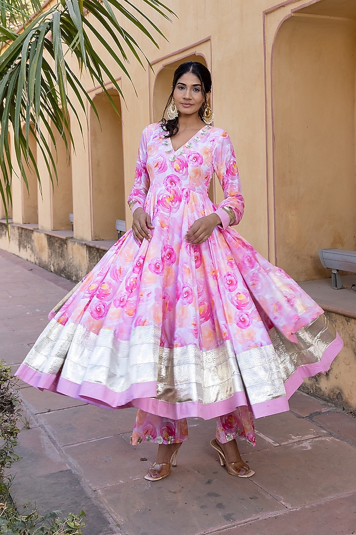 Pink Muslin Printed & Gota Patti Work Party Wear Anarkali Set by Pomcha Jaipur at Pernia's Pop Up Shop