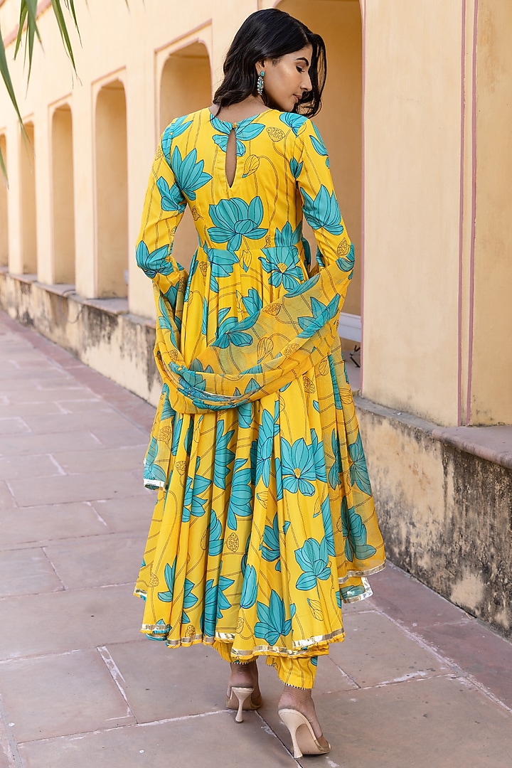 Yellow Muslin Printed & Gota Patti Work Anarkali Set by Pomcha Jaipur at Pernia's Pop Up Shop