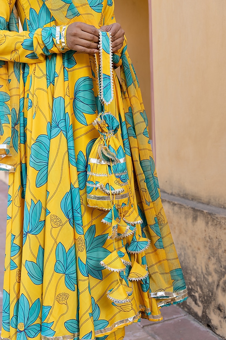 Yellow Muslin Printed & Gota Patti Work Anarkali Set by Pomcha Jaipur at Pernia's Pop Up Shop