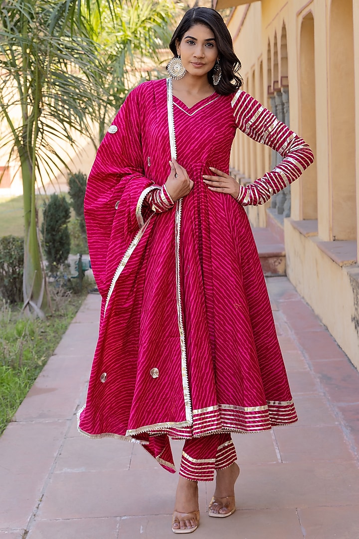 Rani Pink Cotton Leheriya Printed & Gota Patti Anarkali Set by Pomcha Jaipur