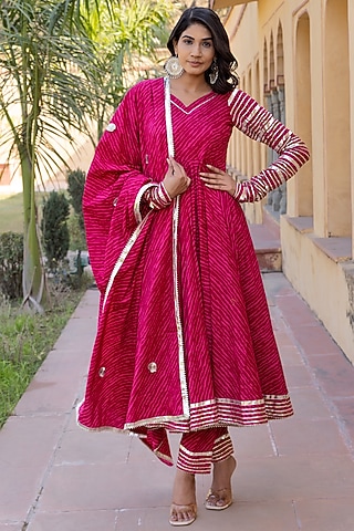 Rani Pink Cotton Leheriya Printed & Gota Patti Anarkali Set by Pomcha Jaipur