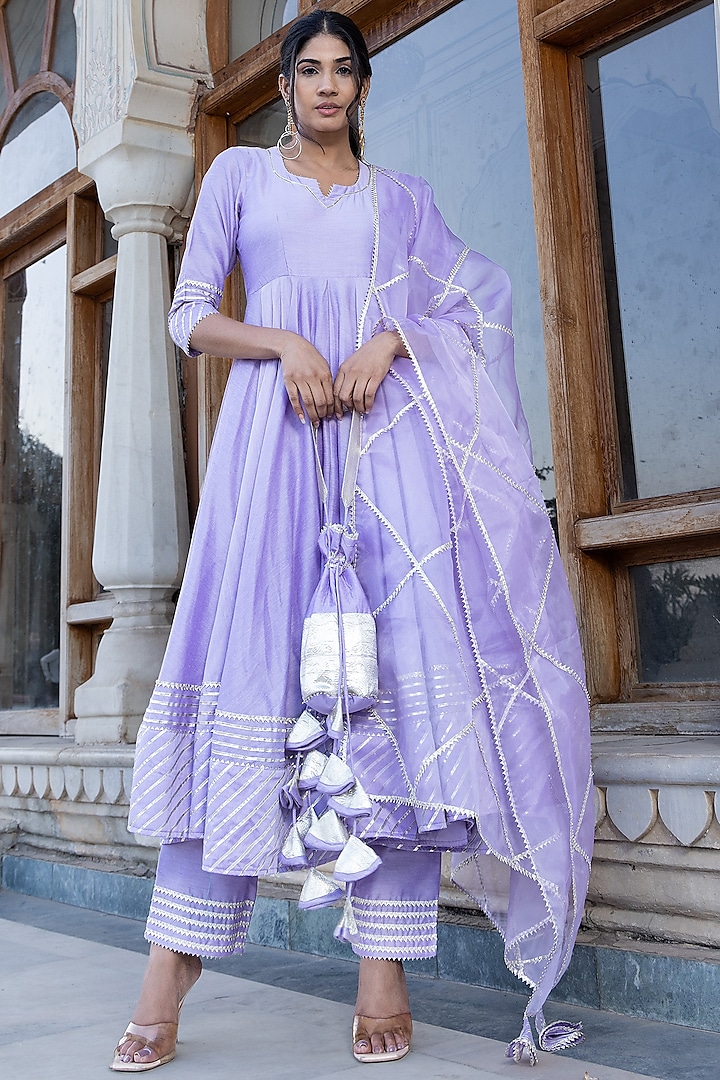 Lilac Cotton Silk Gota Patti Anarkali Set by Pomcha Jaipur