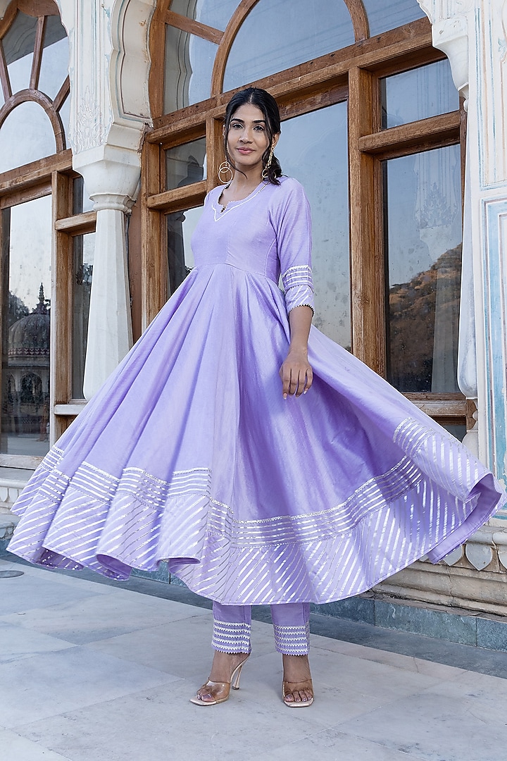 Lilac Cotton Silk Gota Patti Party Wear Anarkali Set by Pomcha Jaipur at Pernia's Pop Up Shop
