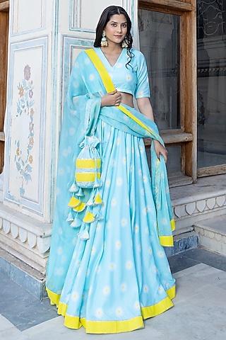 Aqua Blue Muslin Printed & Lace Work Lehenga Set by Pomcha Jaipur