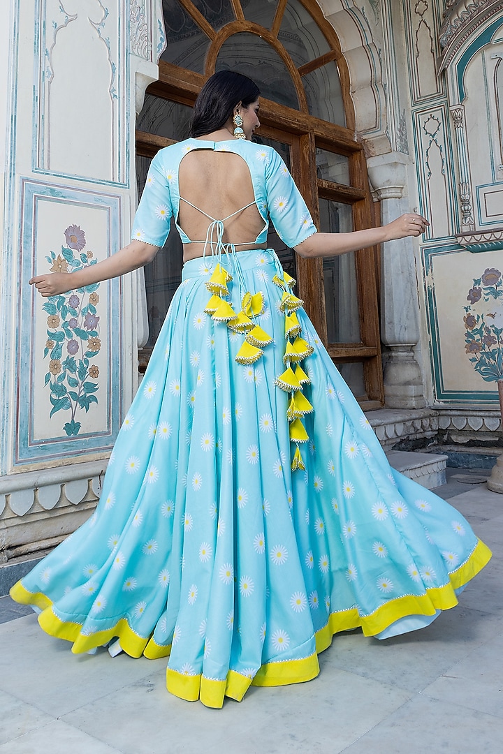 Aqua Blue Muslin Printed & Lace Work Lehenga Set by Pomcha Jaipur at Pernia's Pop Up Shop