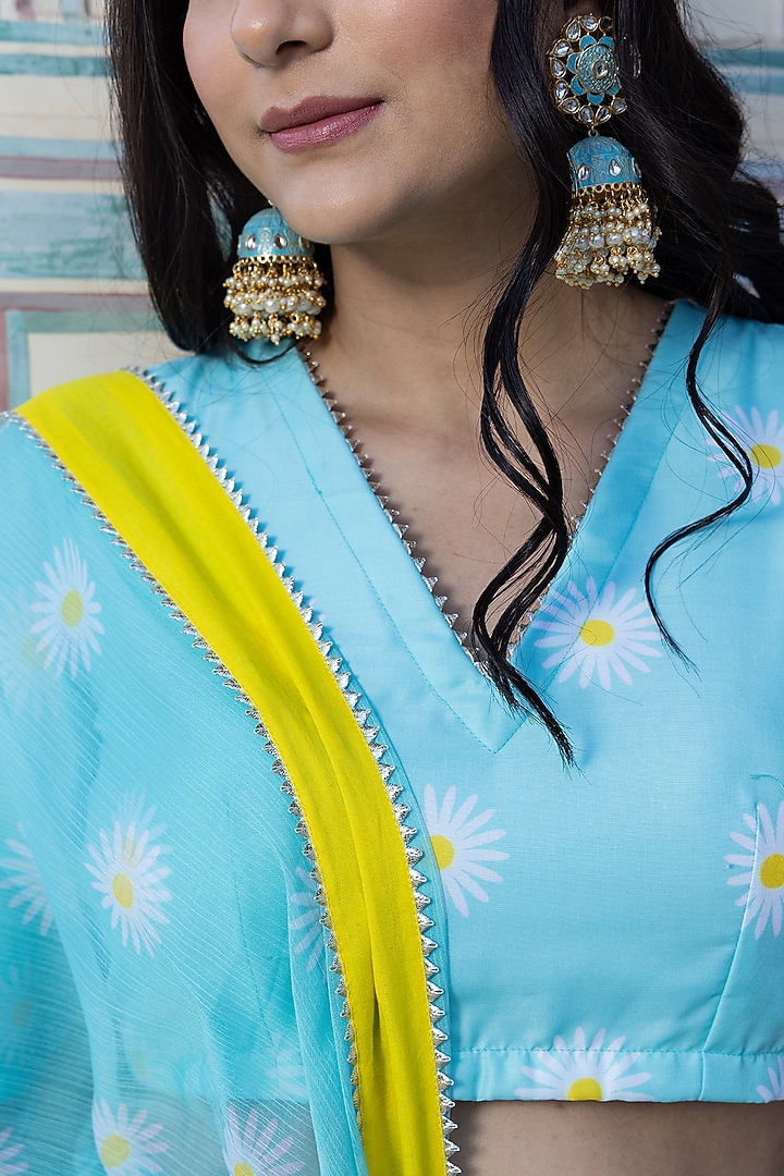 Aqua Blue Muslin Printed & Lace Work Lehenga Set by Pomcha Jaipur at Pernia's Pop Up Shop