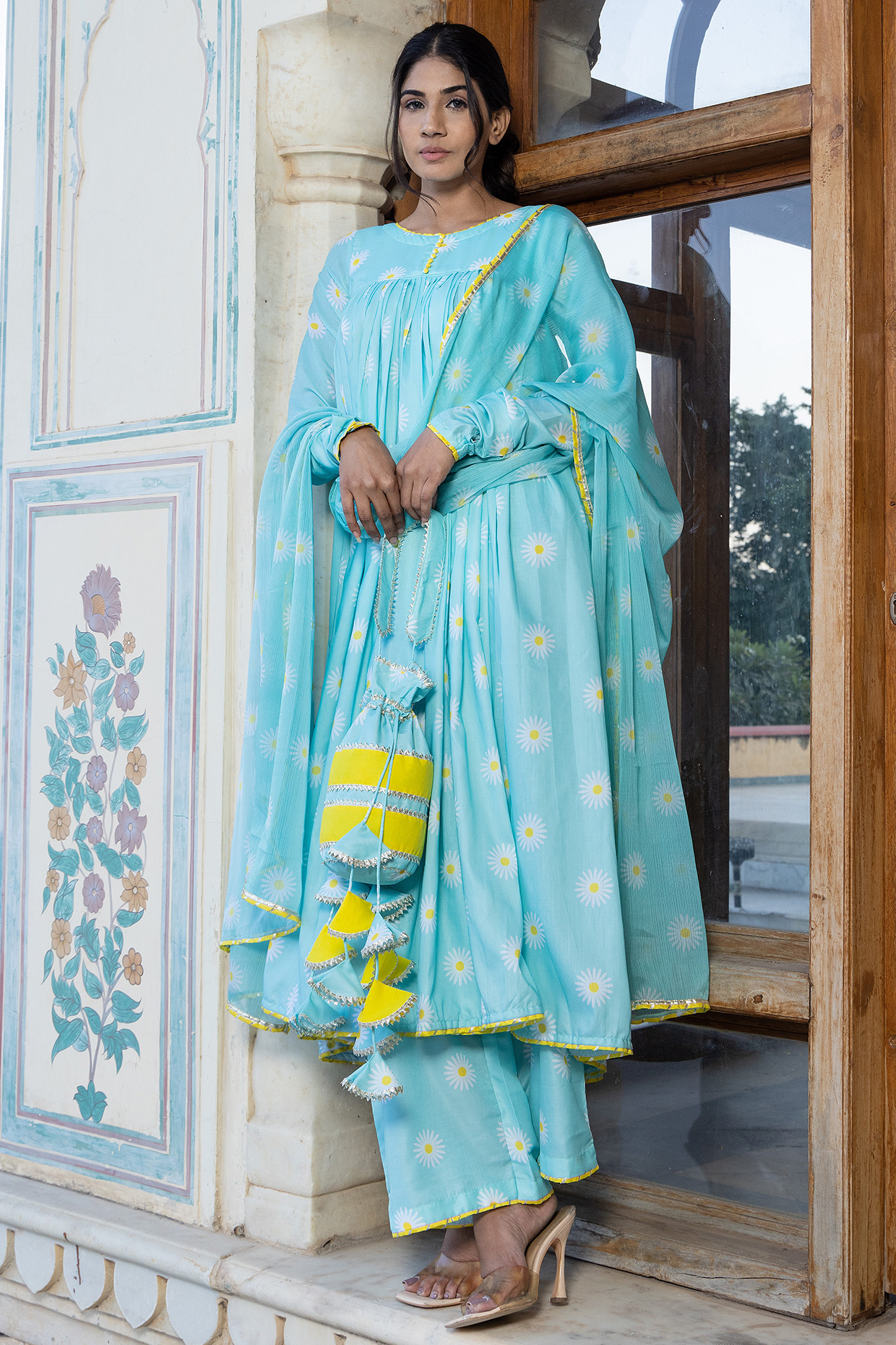 Aqua Blue Muslin Anarkali Set by Pomcha Jaipur