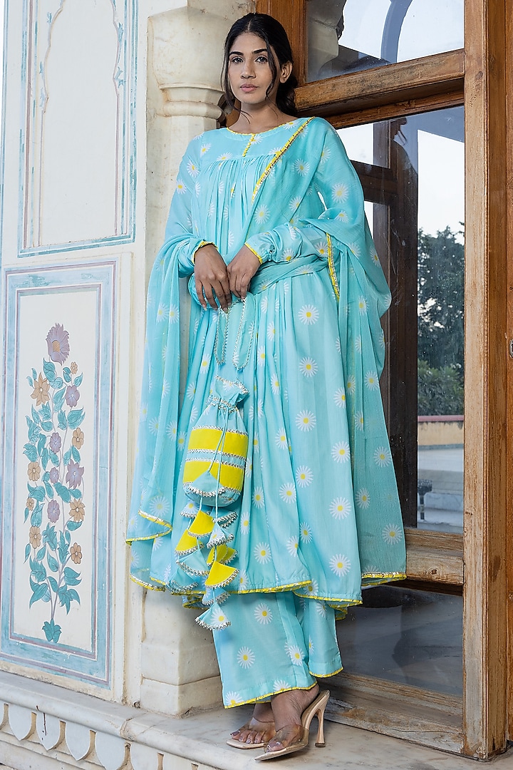 Aqua Blue Muslin Printed Anarkali Set by Pomcha Jaipur