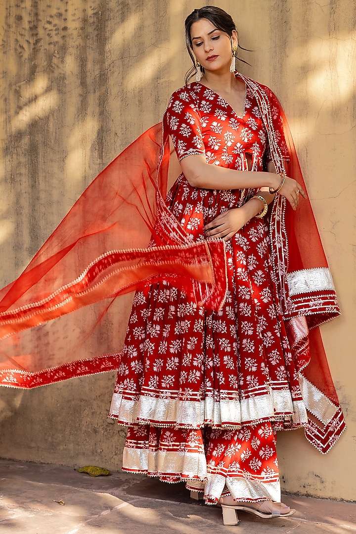 Red Cotton Embroidered Anarkali Set by Pomcha Jaipur
