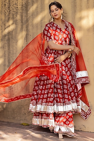 Red Cotton Embroidered Anarkali Set by Pomcha Jaipur