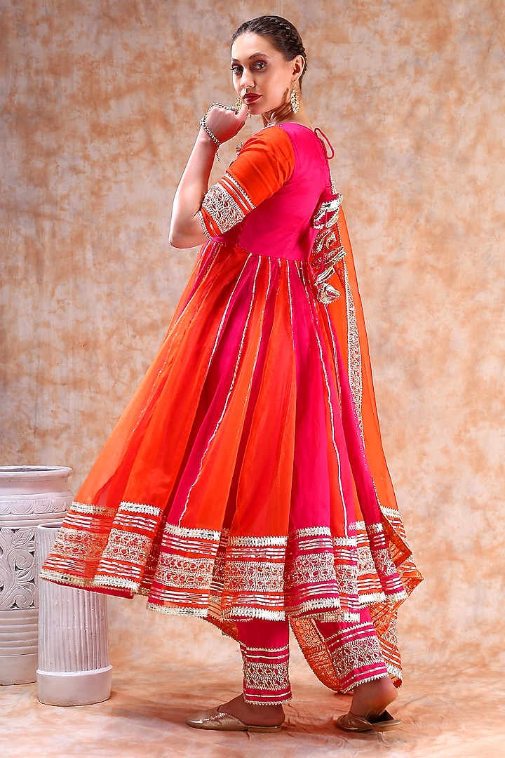 Pink & Orange Organza Gota Work Party Wear Anarkali Set by Pomcha Jaipur at Pernia's Pop Up Shop