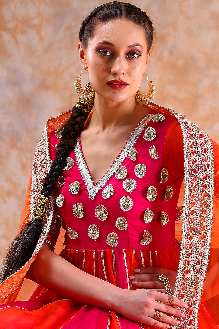 Pink & Orange Organza Gota Work Party Wear Anarkali Set by Pomcha Jaipur at Pernia's Pop Up Shop