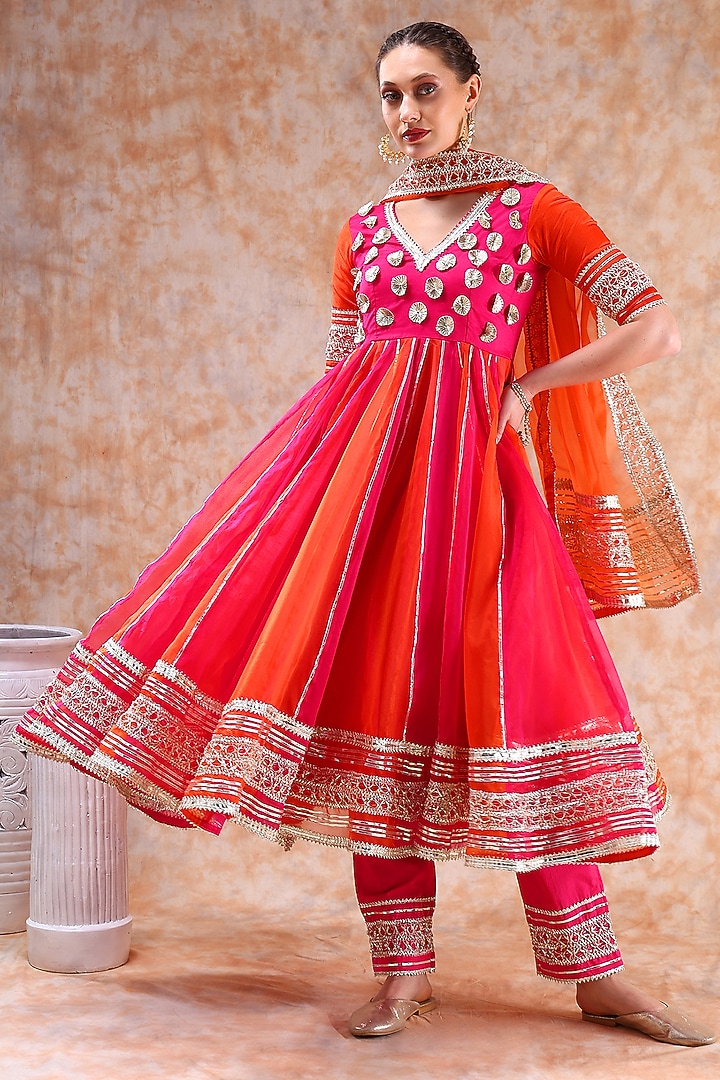 Pink & Orange Organza Gota Work Party Wear Anarkali Set by Pomcha Jaipur at Pernia's Pop Up Shop