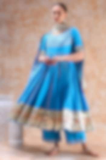 Blue Cotton Gota Work Anarkali Set by Pomcha Jaipur