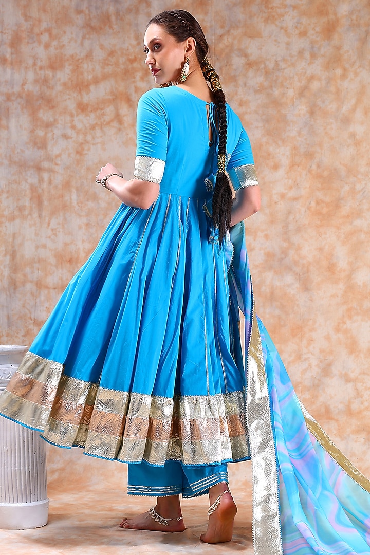 Blue Cotton Gota Work Anarkali Set by Pomcha Jaipur at Pernia's Pop Up Shop