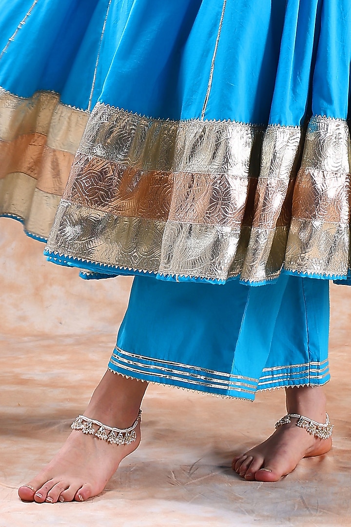 Blue Cotton Gota Work Anarkali Set by Pomcha Jaipur at Pernia's Pop Up Shop