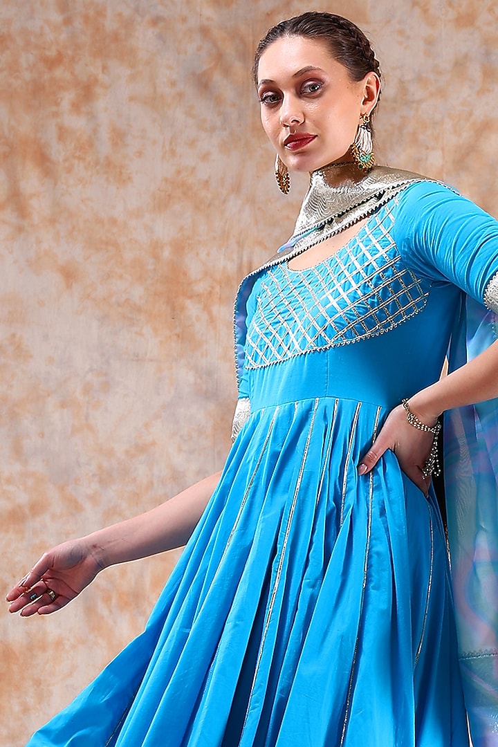 Blue Cotton Gota Work Anarkali Set by Pomcha Jaipur at Pernia's Pop Up Shop