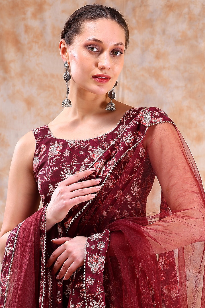 Maroon Cotton Gota Work Anarkali Set by Pomcha Jaipur at Pernia's Pop Up Shop