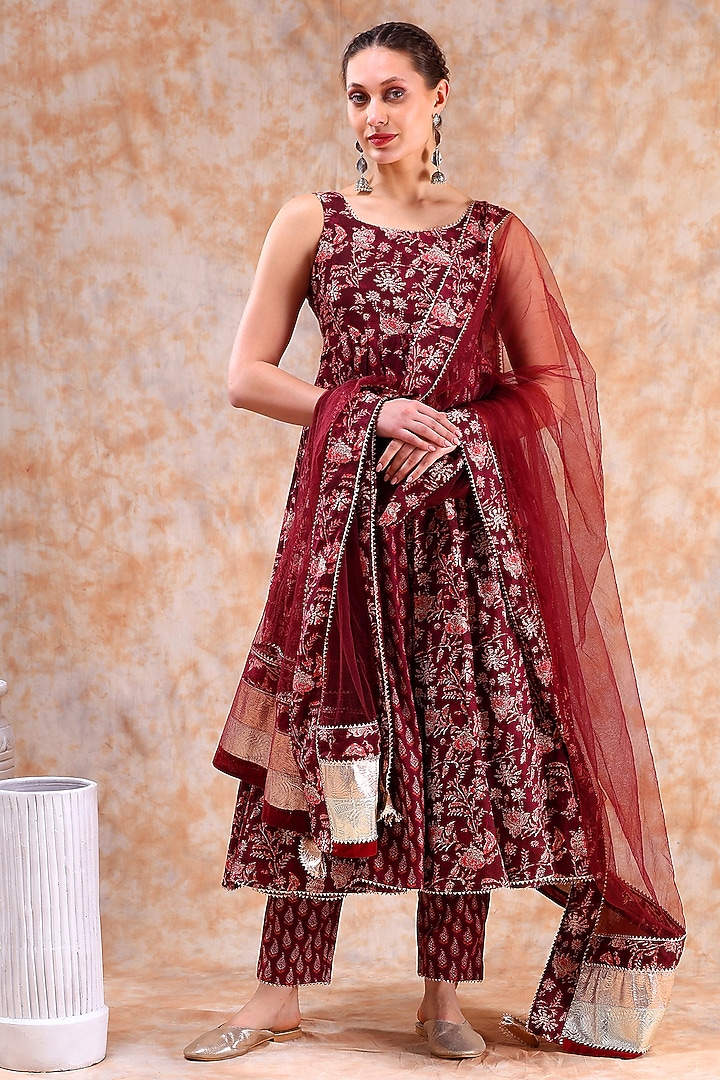 Maroon Cotton Gota Work Anarkali Set by Pomcha Jaipur at Pernia's Pop Up Shop