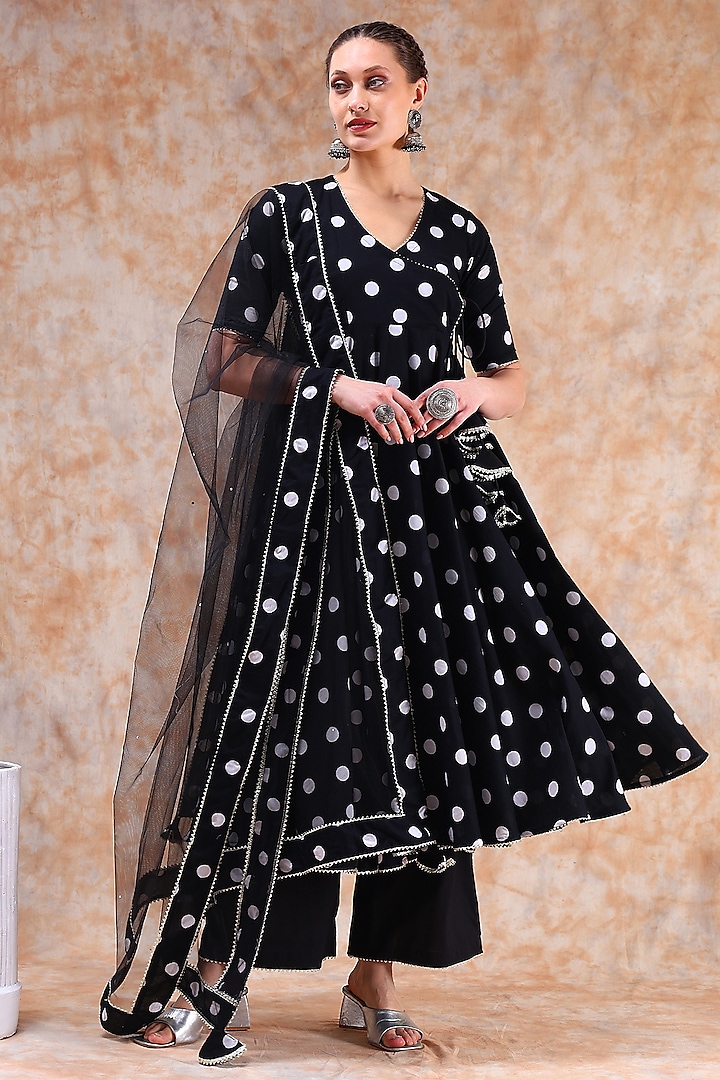 Black Cotton Gota Work Anarkali Set by Pomcha Jaipur