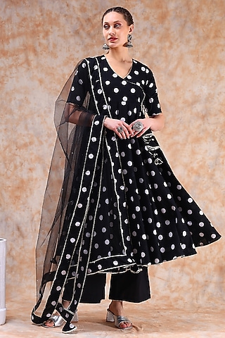 Black Cotton Gota Work Anarkali Set by Pomcha Jaipur