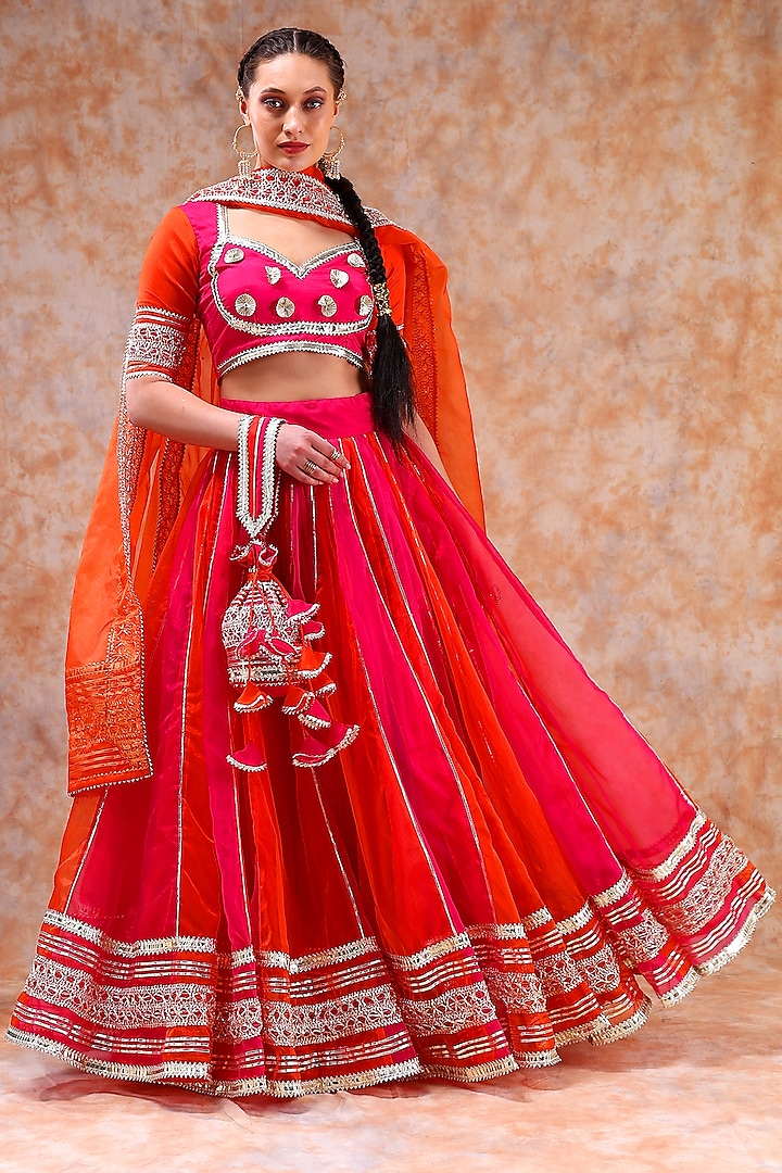 Pink & Orange Organza Gota Work Lehenga Set by Pomcha Jaipur
