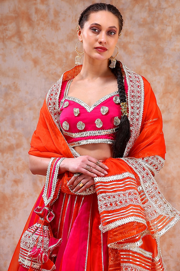 Pink & Orange Organza Gota Work Lehenga Set by Pomcha Jaipur at Pernia's Pop Up Shop