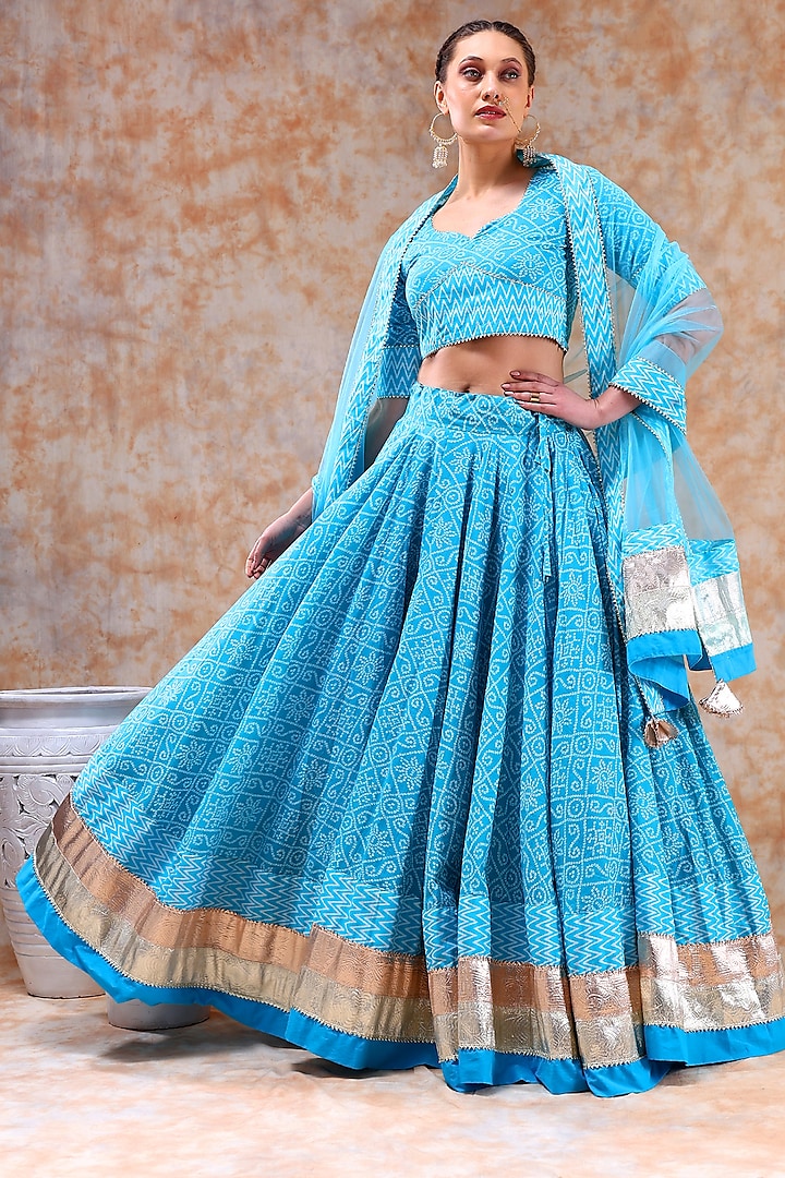 Blue Cotton Gota Work Lehenga Set by Pomcha Jaipur