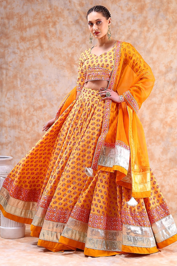 Yellow Cotton Gota Work Lehenga Set by Pomcha Jaipur