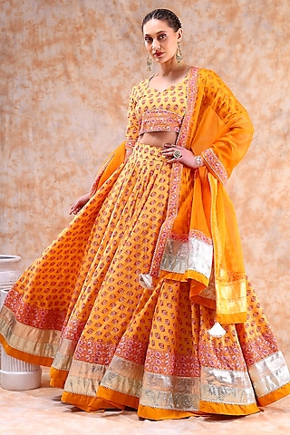 Yellow Cotton Gota Work Lehenga Set by Pomcha Jaipur