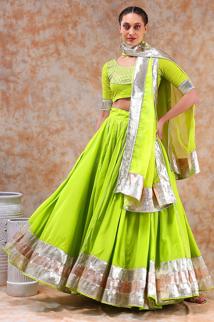 Green Cotton Gota Work Lehenga Set by Pomcha Jaipur
