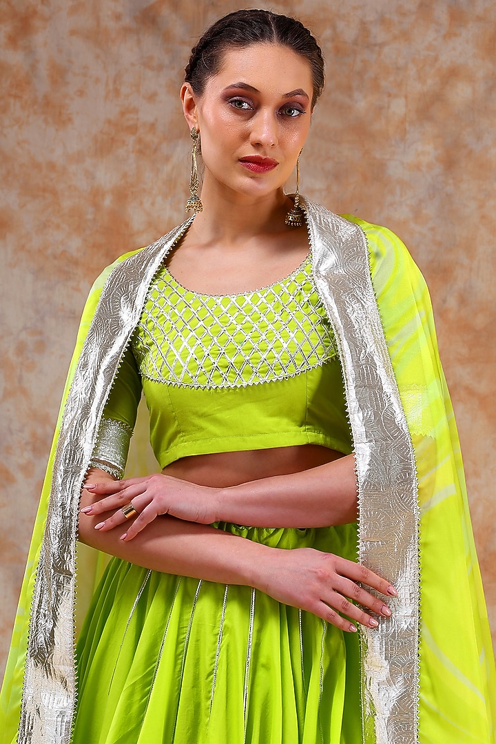 Green Cotton Gota Work Lehenga Set by Pomcha Jaipur at Pernia's Pop Up Shop