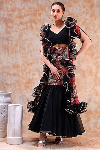 Black Muslin & Organza Gota Work Lehenga Set by Pomcha Jaipur